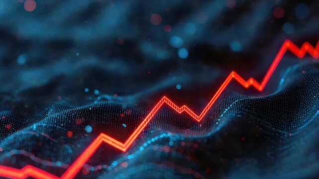 Red glowing stock chart line rising over blue digital data wave with glowing particles and finance