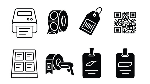 A collection of modern black and white icons for business and technology