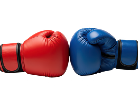 Red and blue boxing gloves facing each other in confrontation pose isolated on transparent background - Powered by Adobe