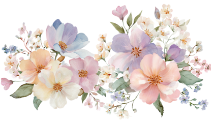 Watercolor floral arrangement with various blooms, leaves, and soft pastel hues on black