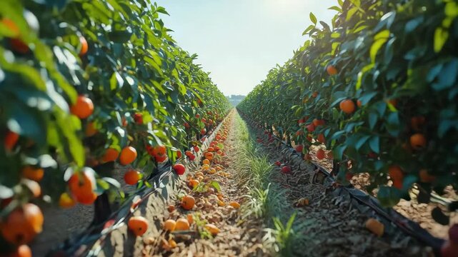 Mandarin orchard rows of ripe fruit and fallen citrus drenched in warm sunlight