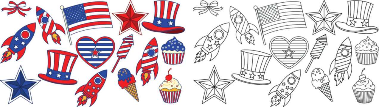 USA Independence Day patriotic elements set for the 4th of July, colored and outlined vector icons.