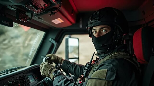 Military Male Soldier Wearing Tactical Gear Inside Vehicle Cabin With Red Lighting