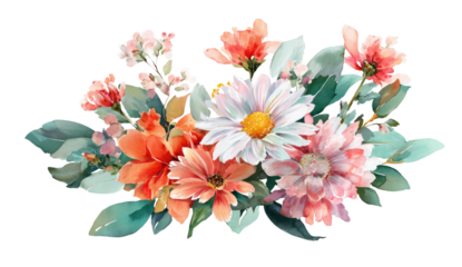 Watercolor floral arrangement with various blooms, leaves, and a transparent background