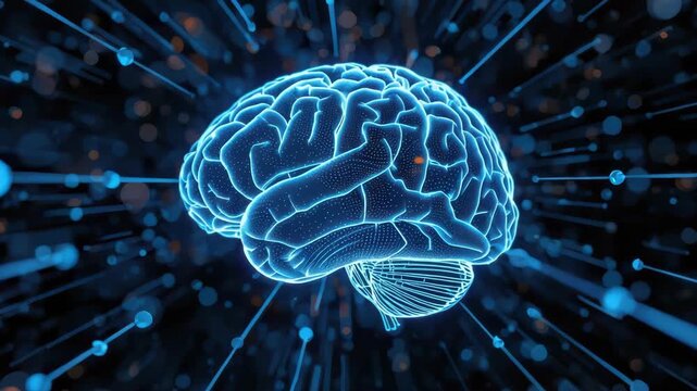 Neon blue brain neural network glowing digital neuroscience technology with connected nodes