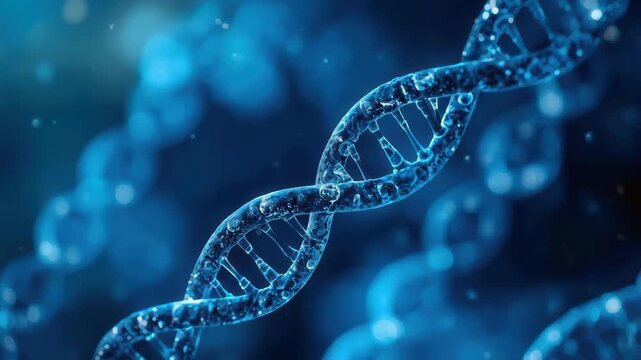 Blue microscopic DNA double helix strand molecular structure glowing genetic science genome