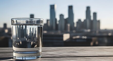 A glass of pure water reflecting a city skyline, symbolizing the responsible use and protection of clean water resources for long-term environmental sustainability
