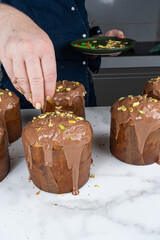 Panettones with a melted chocolate coating decorated with chopped pistachios_vertical.