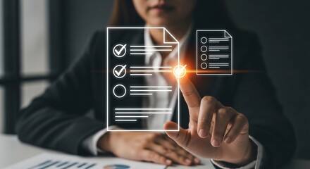 Professional businesswoman interacts with a futuristic digital interface displaying a checklist for efficient task management and document organization.