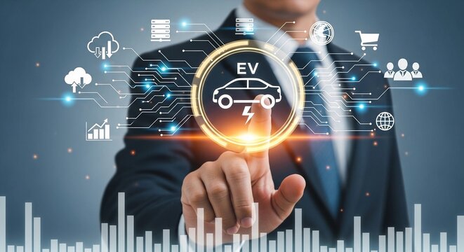 A businessman interacts with a futuristic digital interface featuring an electric vehicle icon and various technology and business symbols, representing innovation and data-driven solutions. - Powered by Adobe