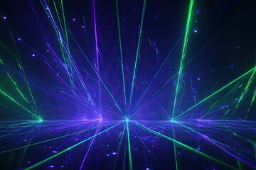 Fototapeta premium Illuminated, abstract display of intersecting green and purple laser beams in a dark space
