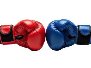 Red and blue boxing gloves facing each other in a competitive stance isolated on transparent background