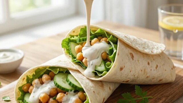Fresh vegetarian chickpea wraps with cucumber lettuce and creamy sauce on wooden board