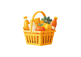 A yellow basket filled with groceries juice bottles, fruits, and snacks