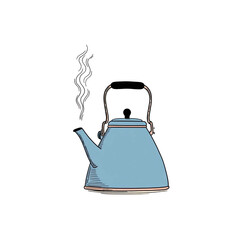 A cartoon illustration of a light blue kettle with steam, isolated against a solid black background
