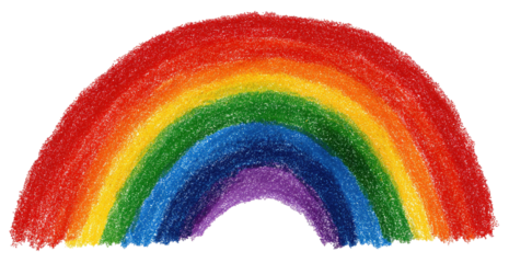 Colorful, handcrafted crayon rainbow arching across a black backdrop