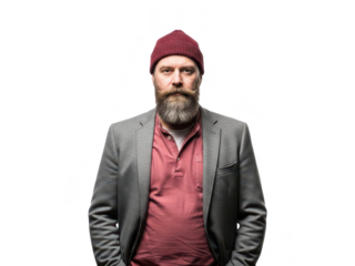 Portraits of stylish bearded men in casual and professional attire with varied expressions isolated on transparent background