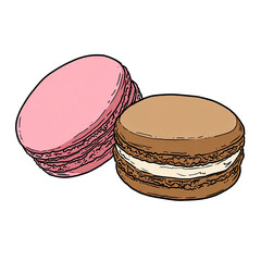 Colorful illustrated image of two French macaron cookies, a pink and a brown one