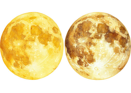 Two watercolor depictions of celestial bodies, resembling planetary moons, with varying color palettes