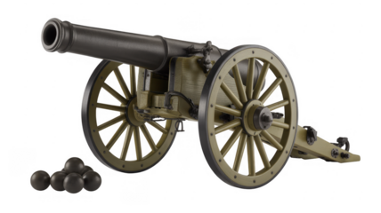 Vintage cannon with cannonballs military historical isolated on a transparent background