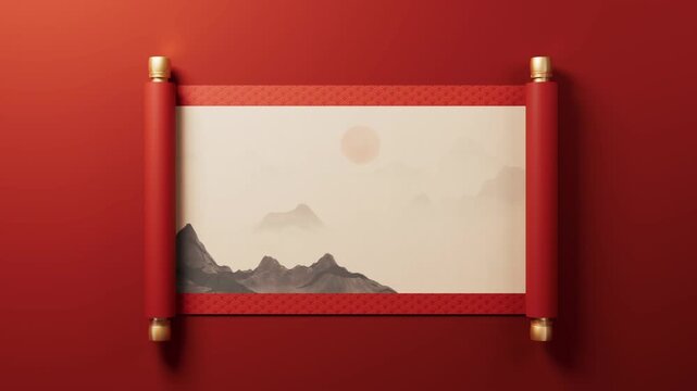 Traditional Chinese scroll unfurls with misty mountain landscape