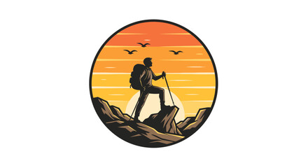 Silhouette of a Hiker with Backpack and Trekking Pole on a Mountain Peak.