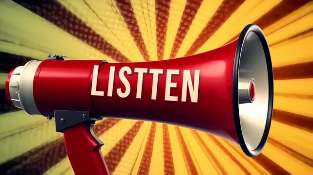 A red megaphone displaying the word "LISTEN," set against a vibrant yellow and orange striped background