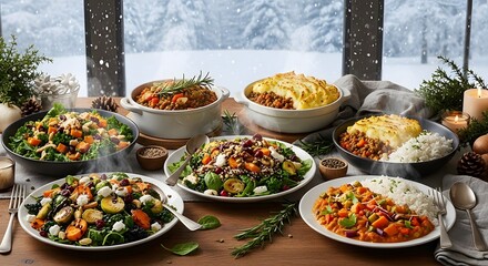 Fototapeta premium Winter feast spread on a wooden table by the window