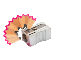 Pencil sharpener with pink and orange shavings, isolated on transparent background