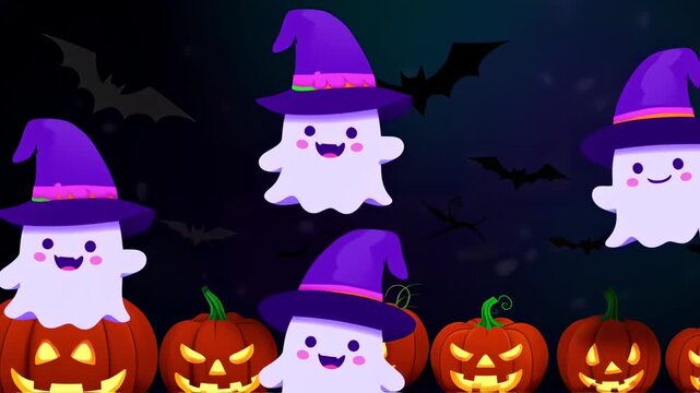 Whimsical Halloween illustration with friendly ghosts wearing purple hats, bats, and pumpkins