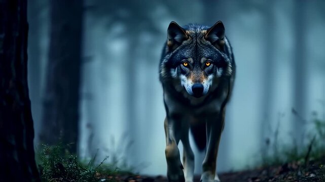 A wolf with glowing eyes strides forward in a misty forest, evoking a sense of mystery and danger