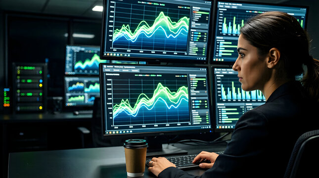 Enterprise Engineer Monitoring Energy Efficiency & Server Performance on Abstract Data Dashboards in a High-Tech Control Room for Operational Insight