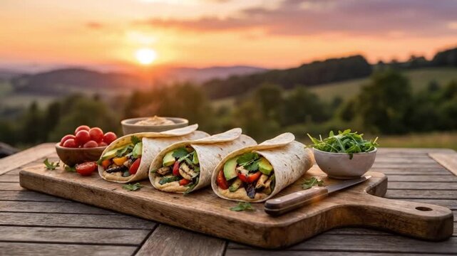 Three grilled vegetable and avocado wraps with hummus on a wooden board during a beautiful sunset picnic outdoors