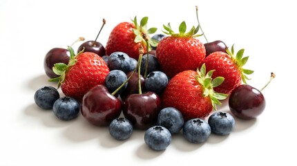 Obraz premium Fresh berries including strawberry, blueberry, and cherry. Healthy summer fruit mix for proper nutrition and weight loss. Antioxidant rich food.