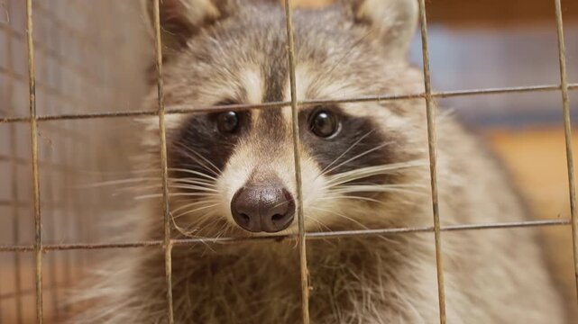 caged raccoon paw reaching through wire, soft fur and whiskers, pleading eyes and muzzle pressed to mesh, warm indoor rehabilitation enclosure, closeup shallow depth of field, amber lighting