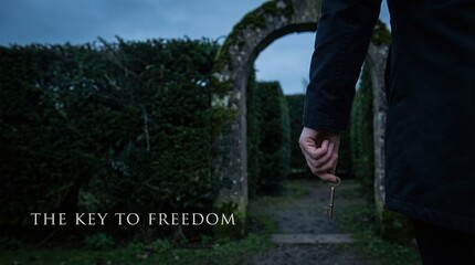 Obraz premium woman decide entrance dark maze concept. A hand holding a key near a hedge archway and dark sky.