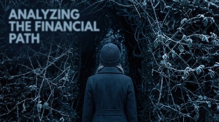 woman decide entrance dark maze concept. A person contemplating a financial journey through a tangled path.