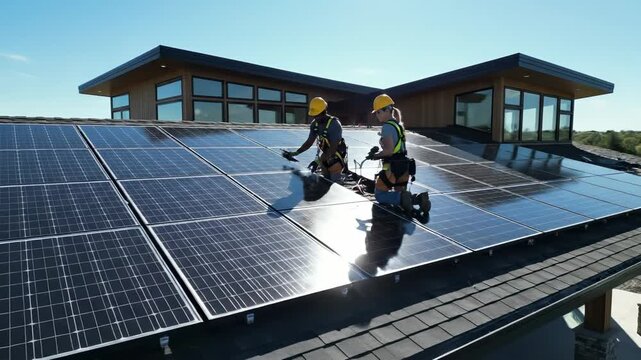 Solar panel installation on modern house rooftop with two workers in safety gear, teamwork and efficiency under sunny skies, showcasing renewable energy technology and outdoor sustainable solutions