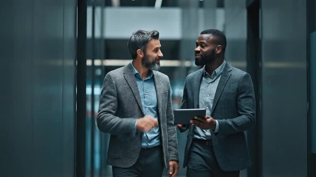 Business Dialogue in Modern Environment: Two professionals engage in a focused business discussion, their conversation resonating within a sleek, contemporary setting.