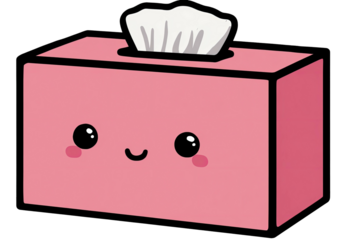 Cute cartoon depiction of a pink tissue box with big eyes, cheeks, and a smiling mouth