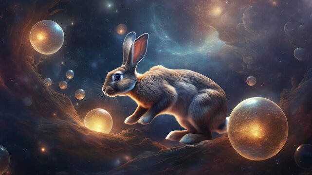 A mystical rabbit surrounded by glowing orbs in a dark fantasy landscape.