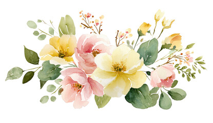 Fototapeta premium Watercolor floral arrangement with pale pink and yellow blooms, green foliage, and black background