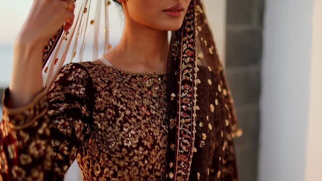 Portrait of a woman with dark hair in embellished traditional dress and veil