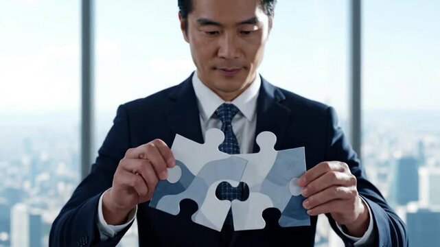Cinematic slow motion of a businessman holding interlocking jigsaw puzzle pieces in a modern office with city skyline, showcasing partnership, teamwork, collaboration and business strategy concept.