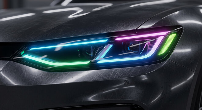 Close Up Modern Car LED Headlight DRL Blue Purple Lighting Dynamic Automotive Design Background