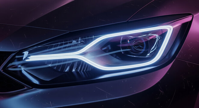 Close Up Modern Car LED Headlight DRL Blue Purple Lighting Dynamic Automotive Design Background