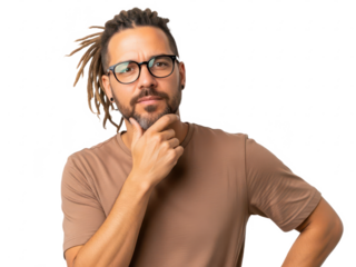 Thoughtful man with dreadlocks and glasses posing with hand on chin isolated on transparent background