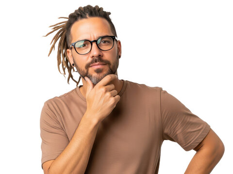 Thoughtful man with dreadlocks and glasses posing with hand on chin isolated on transparent background