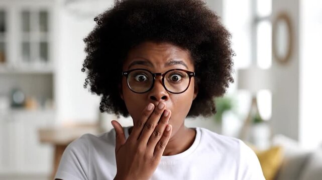 Close-up of a shocked woman wearing glasses, hand covering mouth, eyes wide in surprise