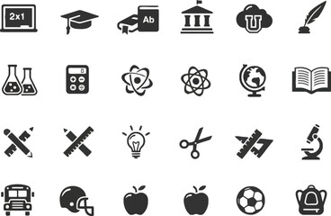Collection of 30 Education School and University Icons in a Solid Black Vector Style